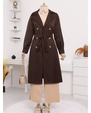 Shawl Collar Belted Long Trench Coat -Brown