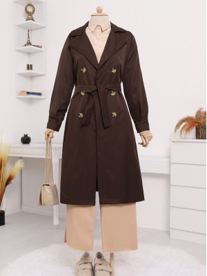 Çift Düğme Kemerli Uzun Trenckot -Kahve
