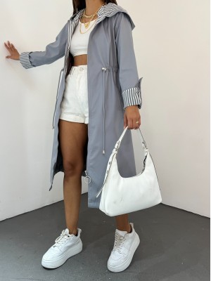 Belden Sıkmalı Kapitone Astarlı Kapşonlu Trençkot   -Gri