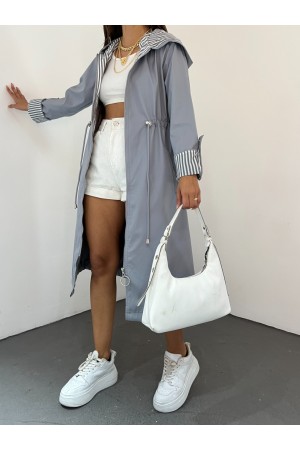 Belden Sıkmalı Kapitone Astarlı Kapşonlu Trençkot   -Gri