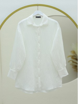 Klasik Yaka Boydan Düğmeli Oval Kesim Gömlek -Beyaz