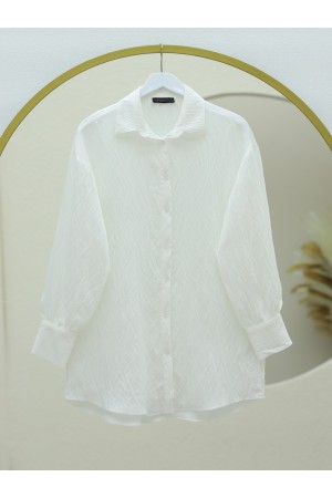 Klasik Yaka Boydan Düğmeli Oval Kesim Gömlek -Beyaz