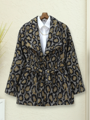 Leopar Desenli Astarlı Beli Bağlamalı Kaşe Ceket  -Gri