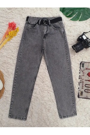 Metal Tokalı Kemerli Çıt Çıt Detaylı Kot Pantolon -Füme