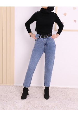 Metal Tokalı Kemerli Çıt Çıt Detaylı Kot Pantolon -Koyu Mavi