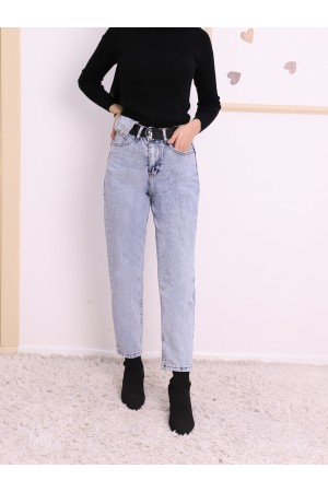 Metal Tokalı Kemerli Çıt Çıt Detaylı Kot Pantolon  -Buz Mavi