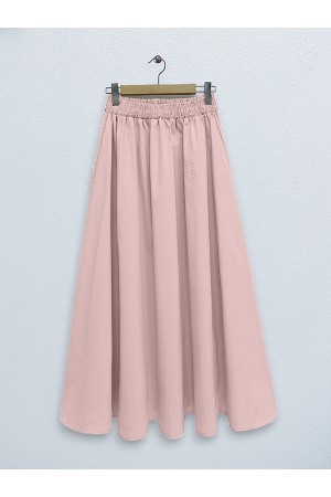Beli Lastikli Çift Cepli Poplin Kloş Etek     -Pudra
