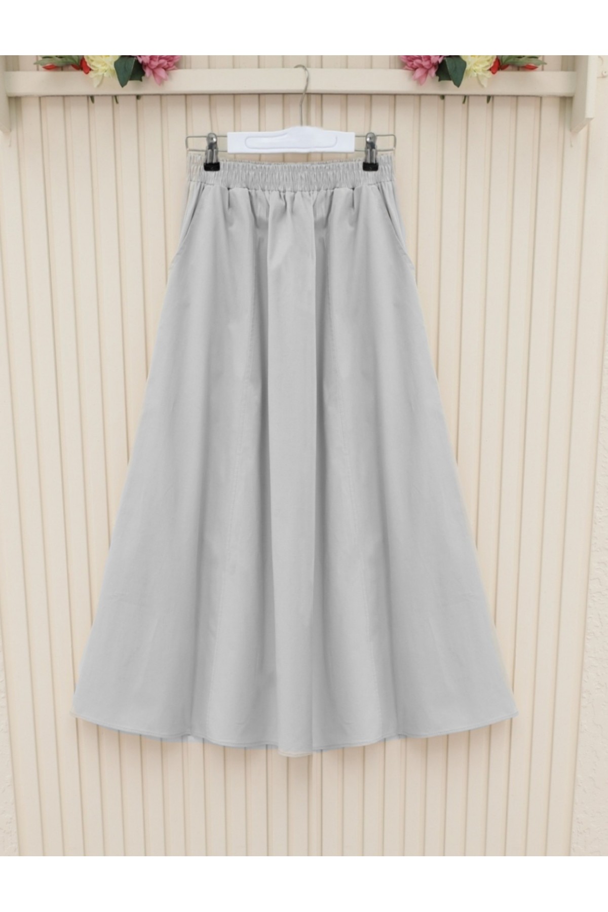 Beli Lastikli Çift Cepli Gabardin Etek   -Açık Gri