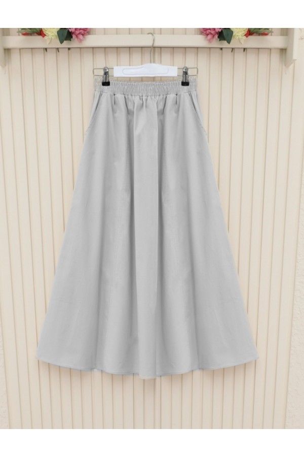 Beli Lastikli Çift Cepli Gabardin Etek   -Açık Gri