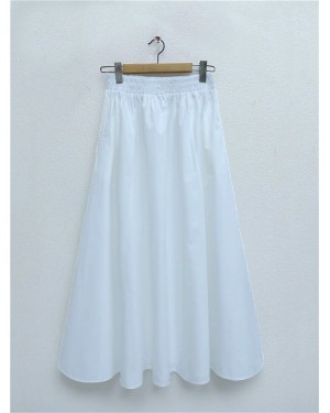 Beli Lastikli Çift Cepli Poplin Kloş Etek -Beyaz