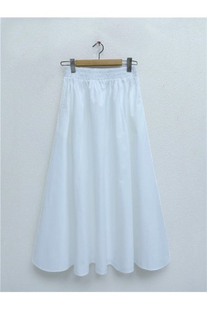 Beli Lastikli Çift Cepli Poplin Kloş Etek -Beyaz