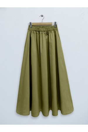 Beli Lastikli Çift Cepli Poplin Kloş Etek         -Yağ Yeşili