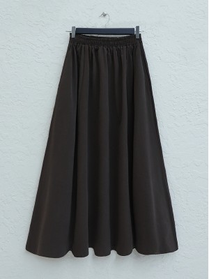 Çift Cepli Tensel Kumaş Kloş Etek -Kahve