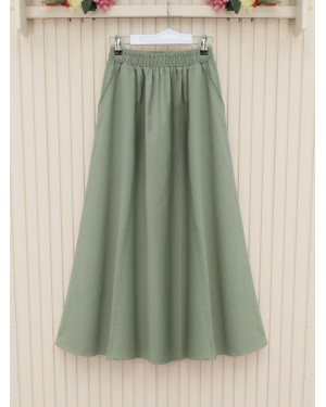 Elastic Waist Double Pocket Gabardine Skirt -Cagla Green