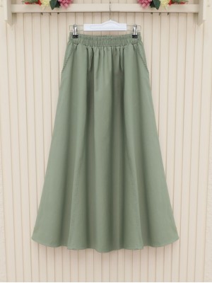 Elastic Waist Double Pocket Gabardine Skirt -Cagla Green