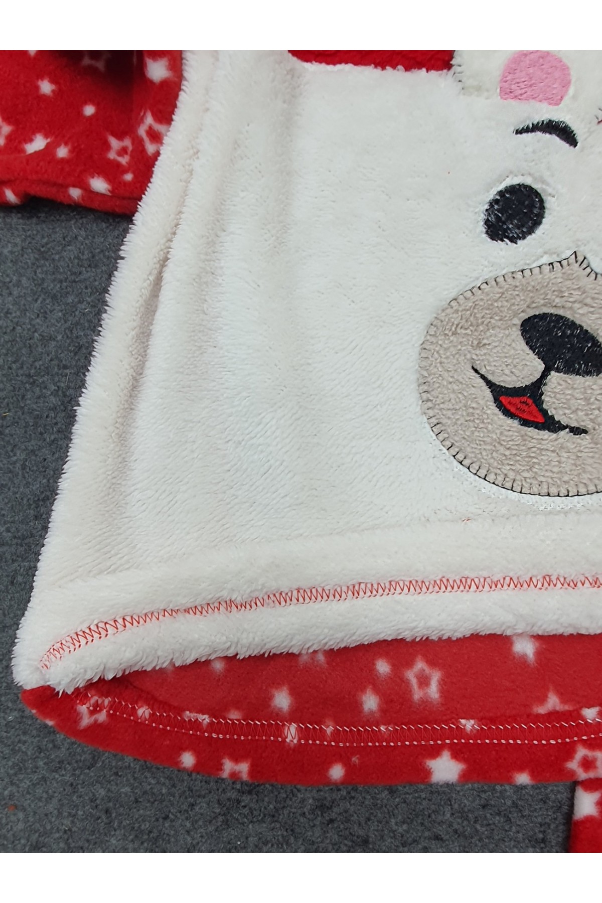 Polarlı Peluşlu Yıldızlı Pijama Takım -Kırmızı
