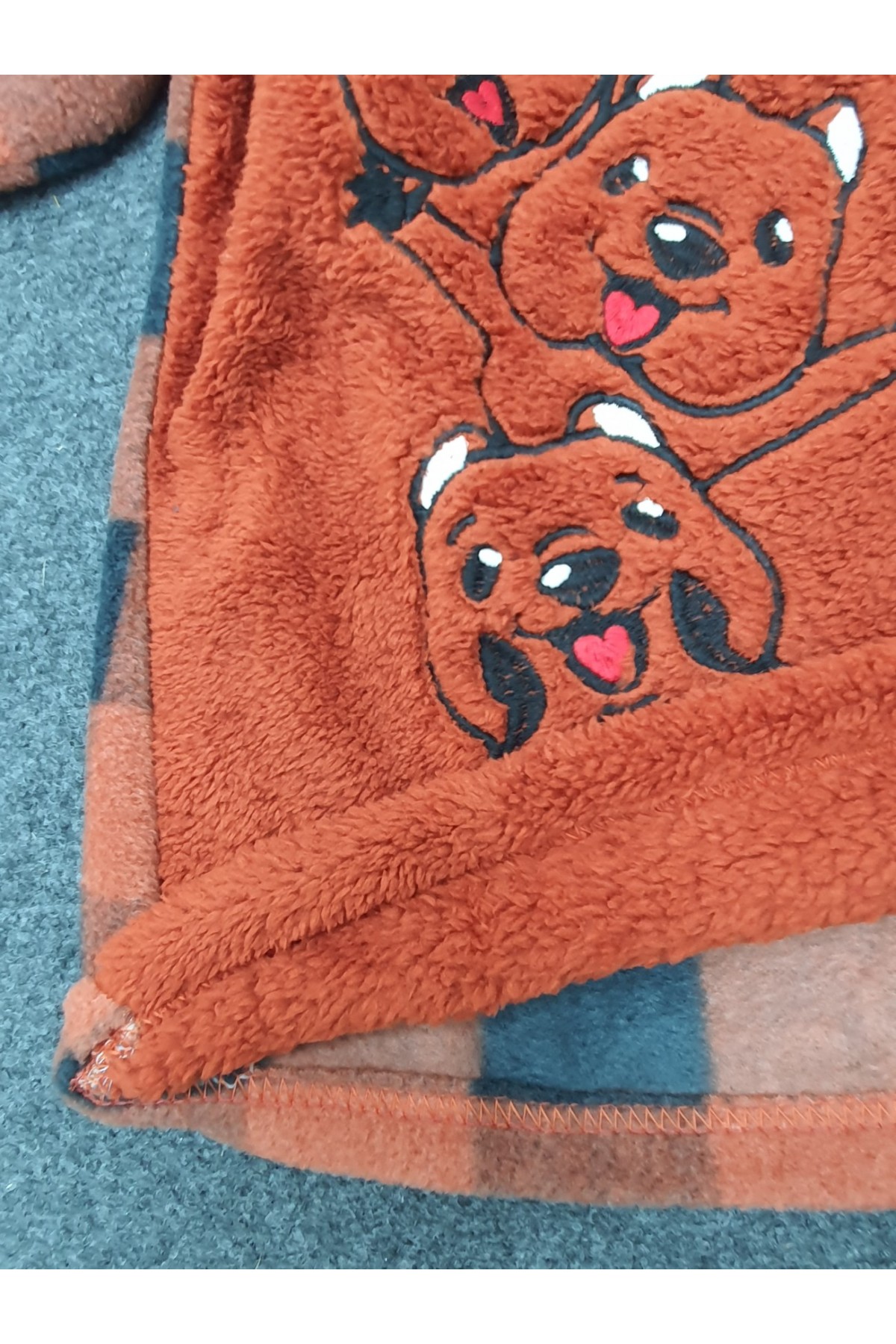 Polarlı Peluşlu Kare Desen Pijama Takım -Kiremit