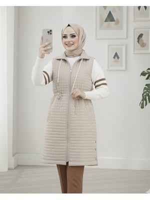 Yakası Bağcıklı Beli Lastikli Cepli Kapitone Yelek -Taş