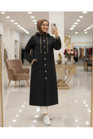 معطف مبطن بغطاء رأس وأزرار أمامية وتفاصيل سلسلة -أسود