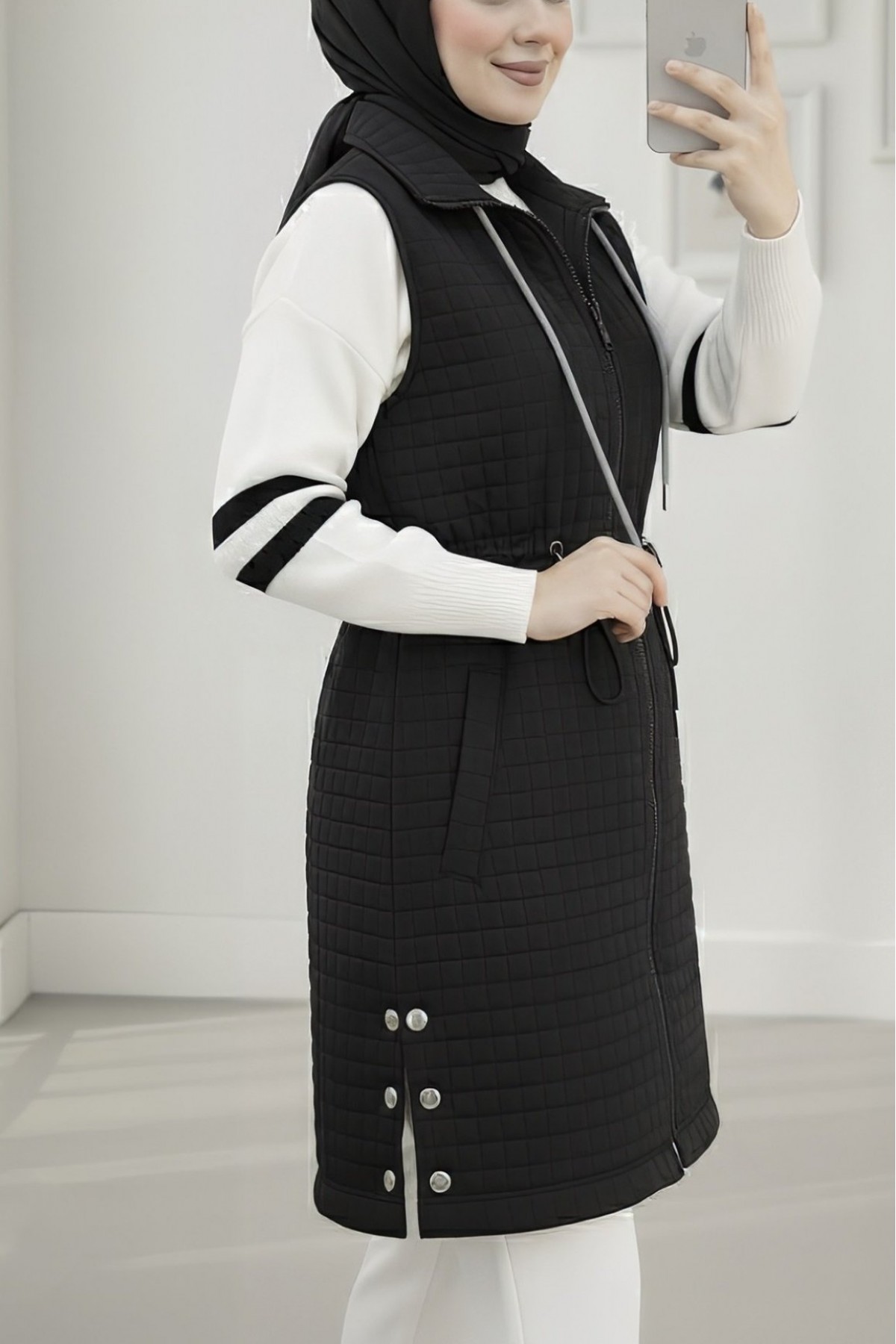 Quilted Vest with Tie Collar, Elastic Waistband and Pocket -Black