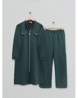 Kapşonlu Fermuarlı Taş Detaylı Rejenere Takım -Zümrüt