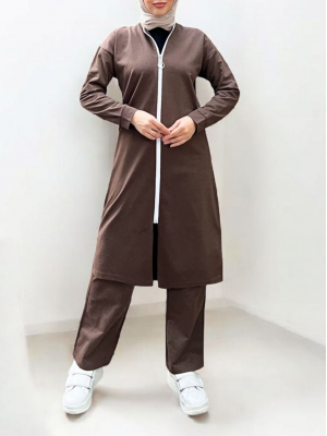 Yakası Biyeli Boydan Fermuarlı İki İp Penye Takım  -Kahve