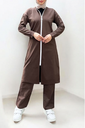 Yakası Biyeli Boydan Fermuarlı İki İp Penye Takım  -Kahve