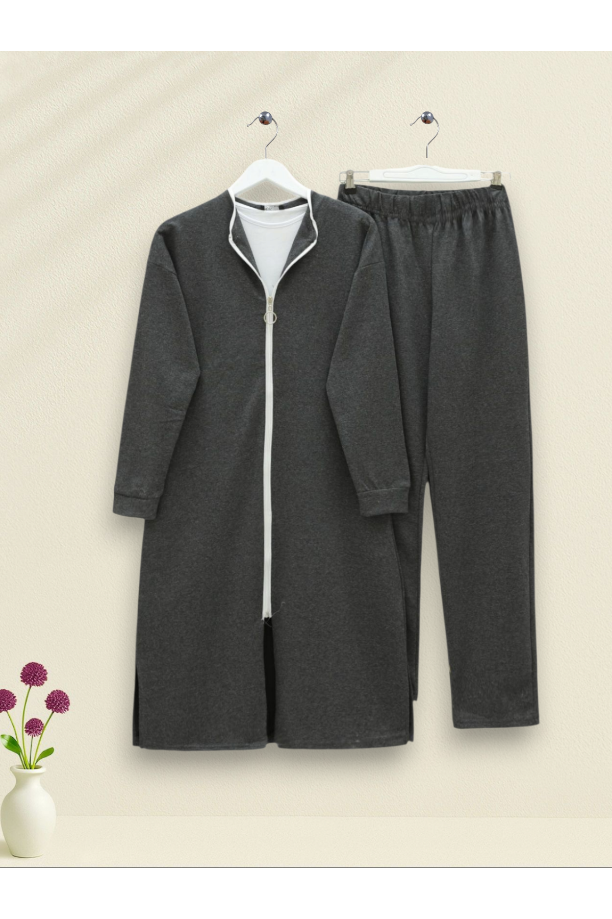 Two-String Combed Cotton Suit with Piping Collar and Full Zipper -Smoked 