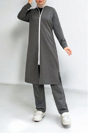 Yakası Biyeli Boydan Fermuarlı İki İp Penye Takım -Füme