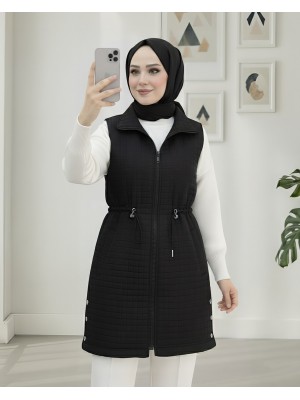 Yakası Bağcıklı Beli Lastikli Cepli Kapitone Yelek -Siyah
