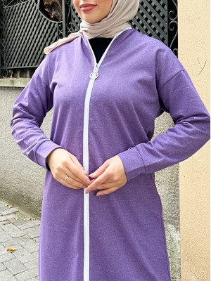 Yakası Biyeli Boydan Fermuarlı İki İp Penye Takım  -Mor
