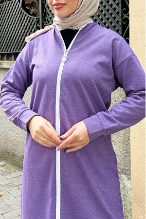 Yakası Biyeli Boydan Fermuarlı İki İp Penye Takım  -Mor