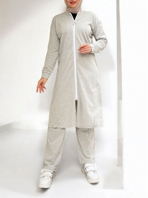 Yakası Biyeli Boydan Fermuarlı İki İp Penye Takım  -Açık Gri