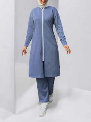 Yakası Biyeli Boydan Fermuarlı İki İp Penye Takım  -İndigo