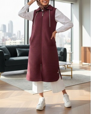 Zippered Hooded Long Quilted Vest with Pockets -Maroon