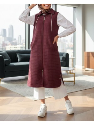 Fermuarlı Kapşonlu Cepli Uzun Kapitone Yelek -Bordo