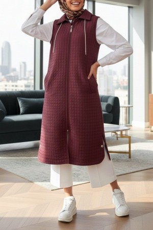 Fermuarlı Kapşonlu Cepli Uzun Kapitone Yelek -Bordo