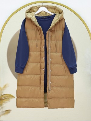 Cepli Fermuarlı Kapşonlu Şişme Yelek  -Vizon