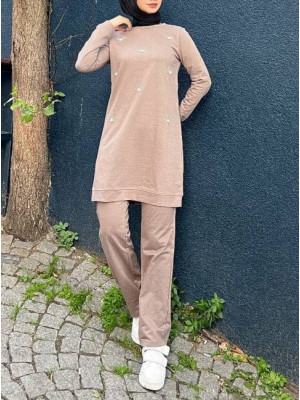 Taş İşlemeli Rejenere Penye Takım -Vizon