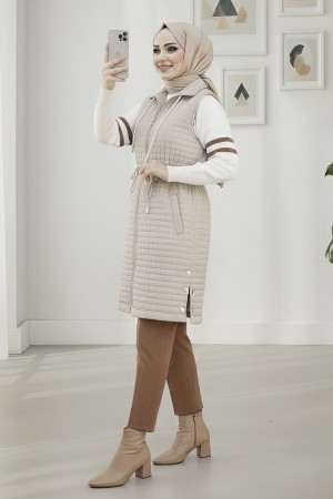 Yakası Bağcıklı Beli Lastikli Cepli Kapitone Yelek -Taş