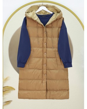 Zippered Hooded Puffer Vest with Pockets -Mink color