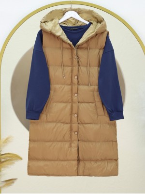Zippered Hooded Puffer Vest with Pockets -Mink color