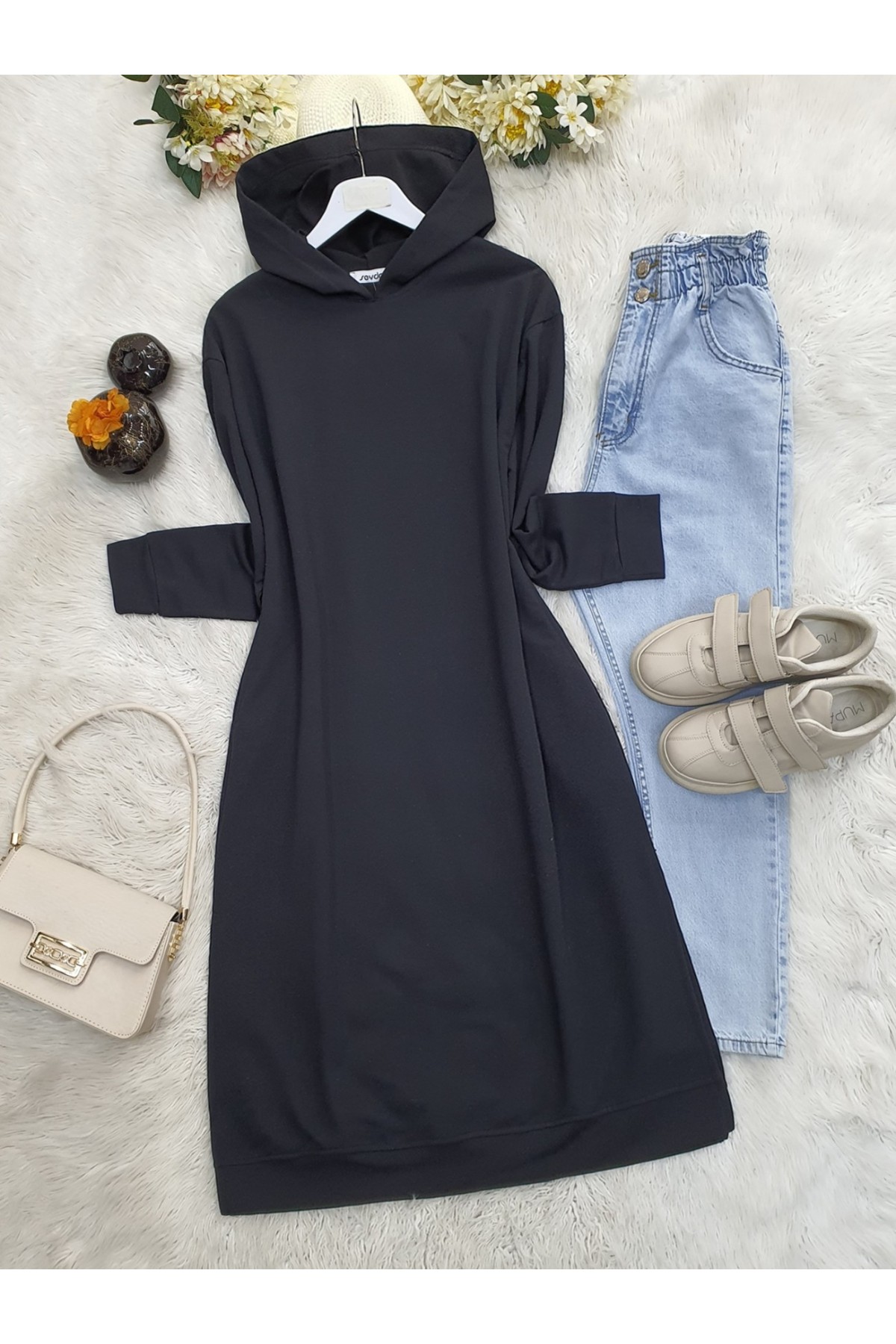 Hooded Slit Double Pocket Long Combed Cotton Tunic -Black