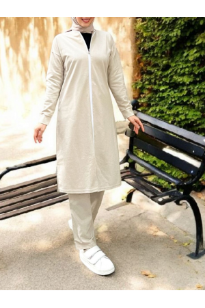 Yakası Biyeli Boydan Fermuarlı İki İp Penye Takım  -Bej