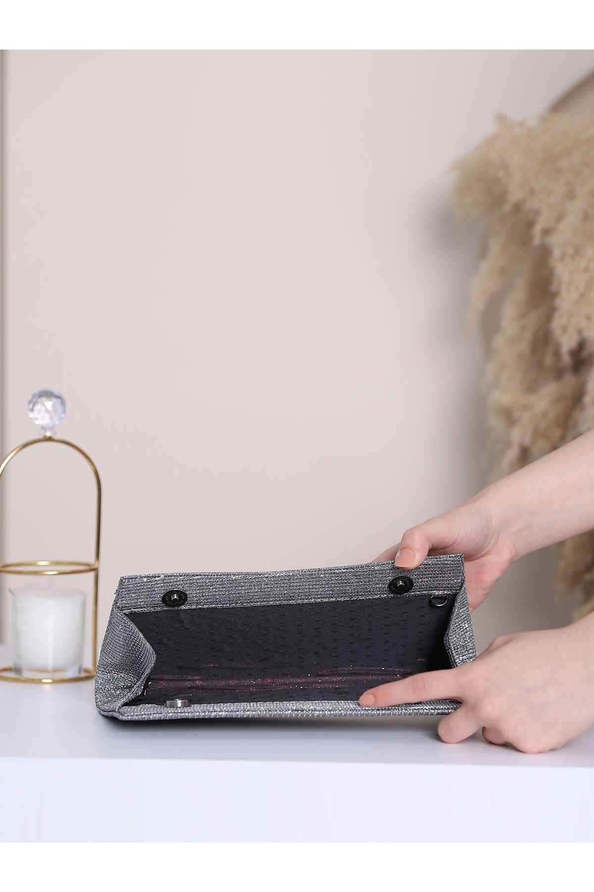 Knitted Pattern Stone Glittery Evening Bag -Anthracite detay görseli