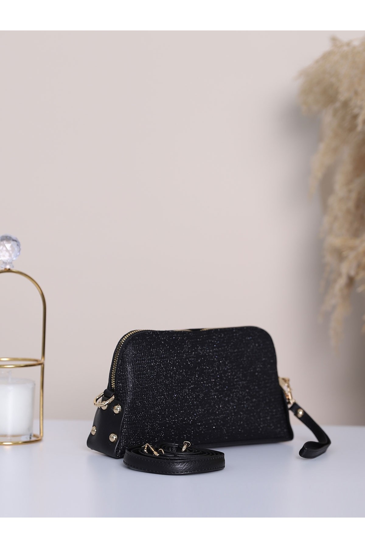 Double Zippered Strap Glitter Woven Evening Bag -Black