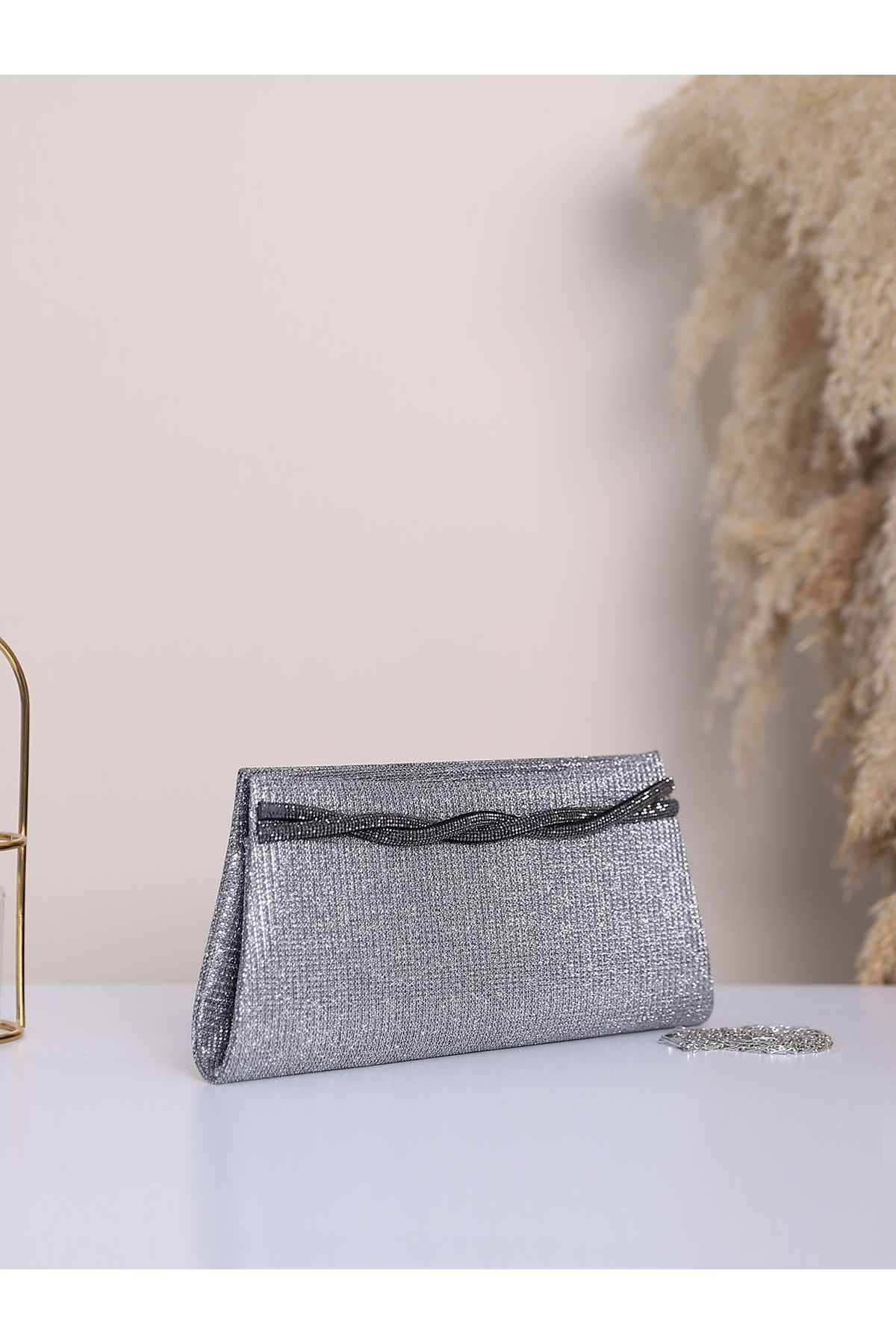 Knitted Pattern Stone Glittery Evening Bag -Anthracite