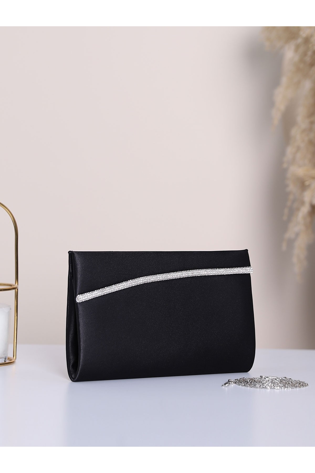 Satin Evening Dress Bag With Chain Strap With Magnetic Snaps -Black