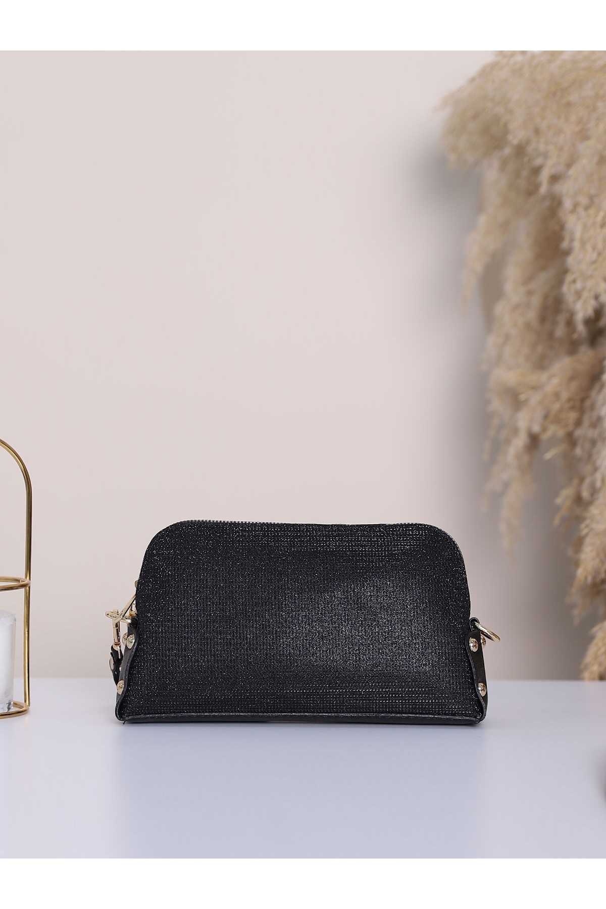 Double Zippered Strap Glitter Woven Evening Bag -Black