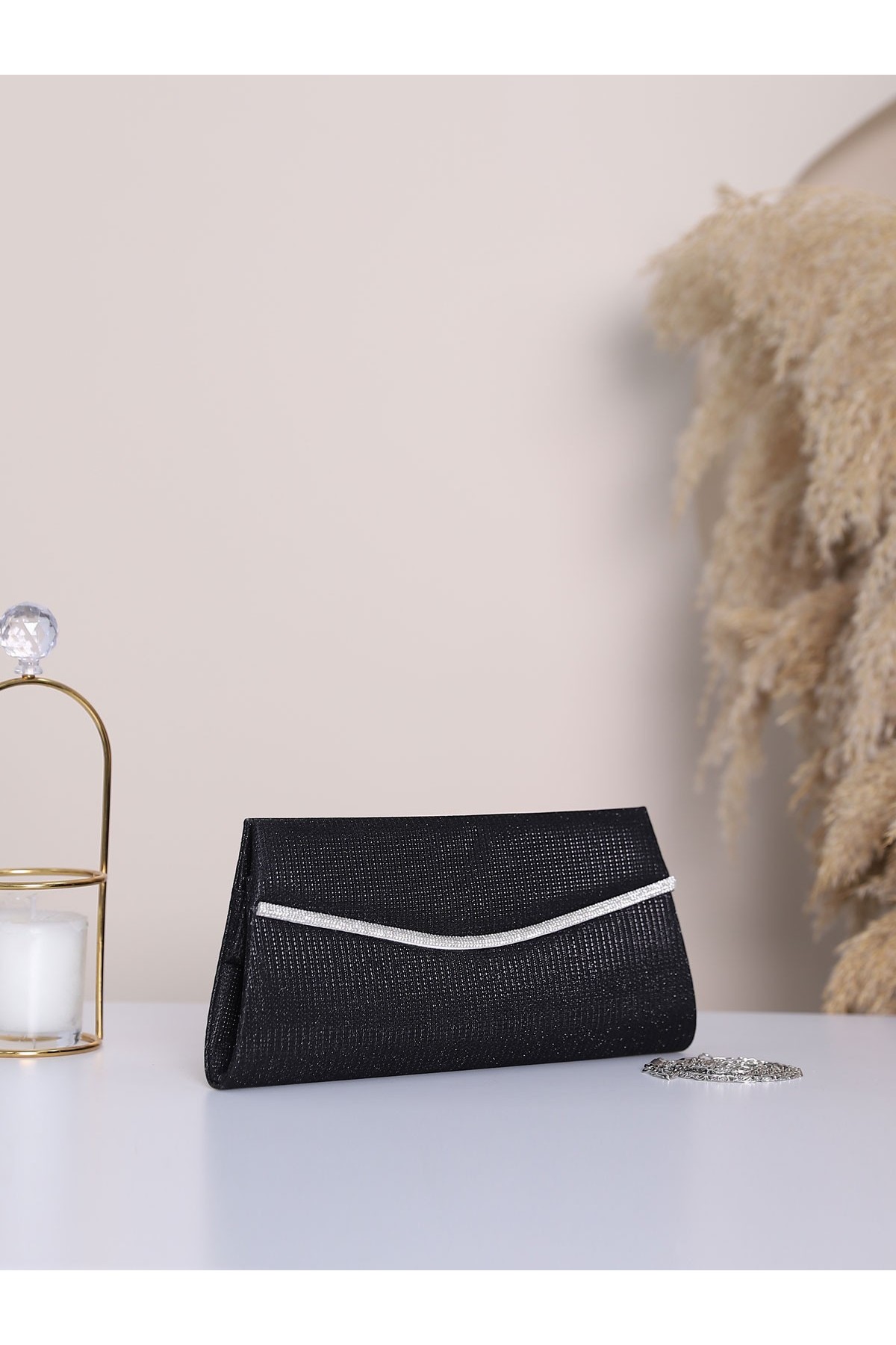 Chain Strap Snap Fastener Cast Simultane Evening Bag -Black